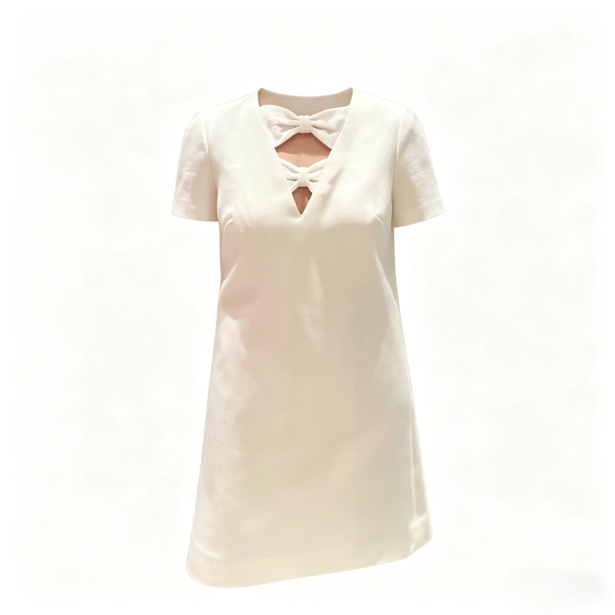 Women White V-Neck Bow Dress Casual Short Sleeve Hollow Out Shift Dress