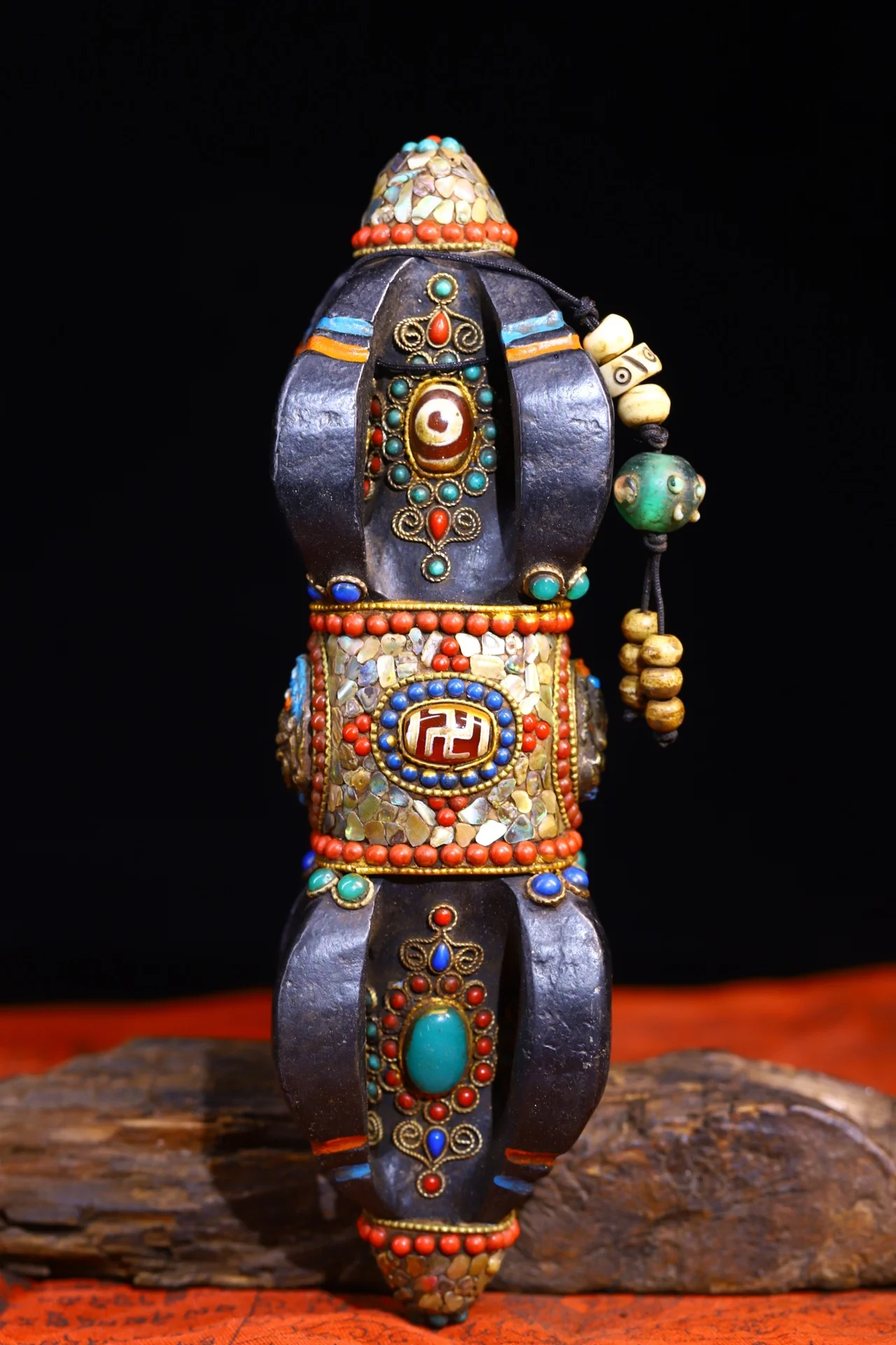 Tibetan Temple Collection Old Natural Meteorite Mosaic Gem gZi Beads shell Dorje Vajra Phurpa Pendant Amulet Dharma Town house