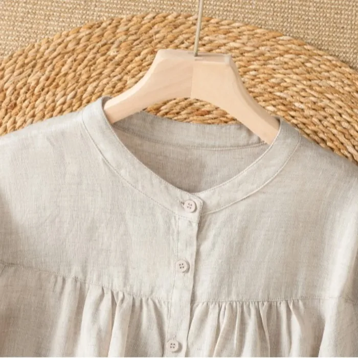 Women's Cotton Linen Short Shirt Summer Thin Model Beautiful Fashionable Small Shirt Casual Style round Neck Single Button