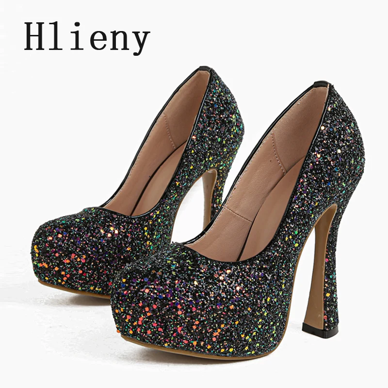 Hlieny Round Toe Designer Sequined Cloth Platform Pumps Women High Heels Sexy Female Wedding Stripper Shoes Zapatos De Mujer