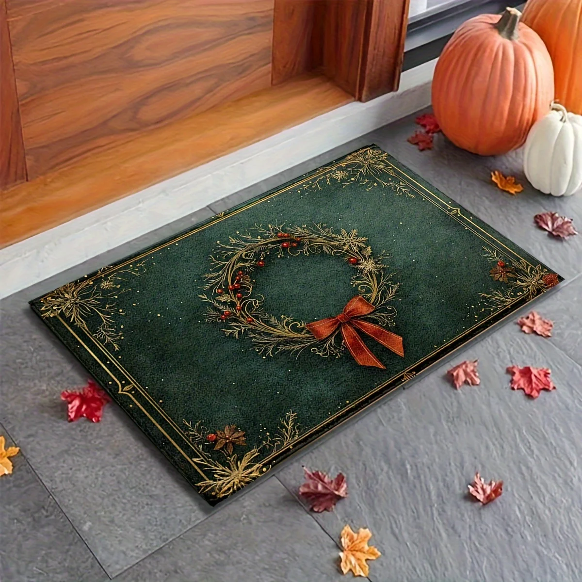 

1pc Christmas Wreath Bow Green Plush Floor Mat - Machine Washable 100% Polyester Fiber Rectangular Mat with Festive Golden Accents and Red Berry Decorations, Suitable for Kitchen, Bathroom, and Shower, Cozy Winter Gift, Exquisitely Detailed Design
