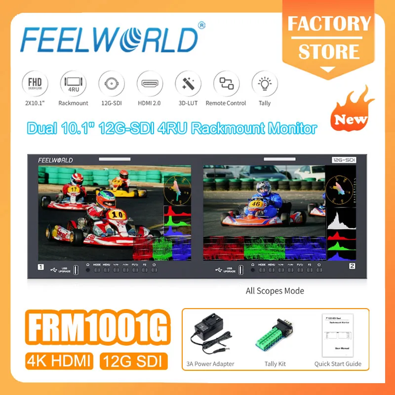 FEELWORLD FRM1001G Dual 10.1" 12G-SDI 4RU Rackmount Monitor 4K HDMI 1920x1200 IPS Waveform 3D-LUT Remote Control Tally