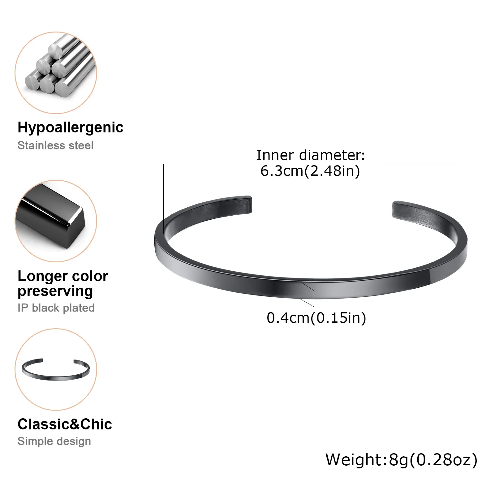Vnox Simple 3mm-10mm Bangles for Women Men, Classic Glossy Stainless Steel Open Cuff Bracelets, Unisex Plain Wristband image 3