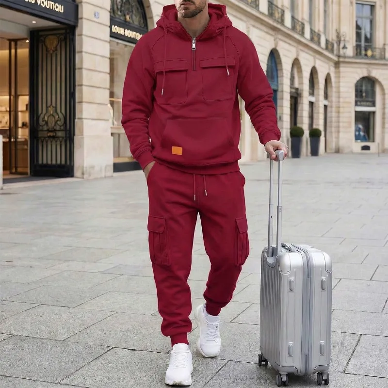 

Men's 2 Piece Half Zip Cargo Tracksuit Hooded Sweatshirt Multi-Pocket Jogger Pants Set Casual Travel Outfit Multiple Colors