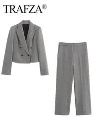 Trafza 2024 Herbst Hahnen sack Hosen anzüge für Frauen Turn-Down-Kragen Blazer Mantel Vintage weibliche weites Bein gerade lange Hose