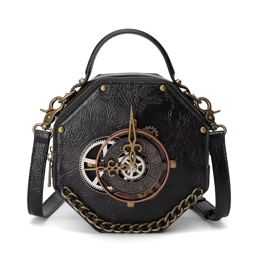 Bolsa de ombro feminina vintage gótico relógio mecânico cosplay anime crossbody carteira bolsa steampunk hexágono saco de couro do plutônio homem