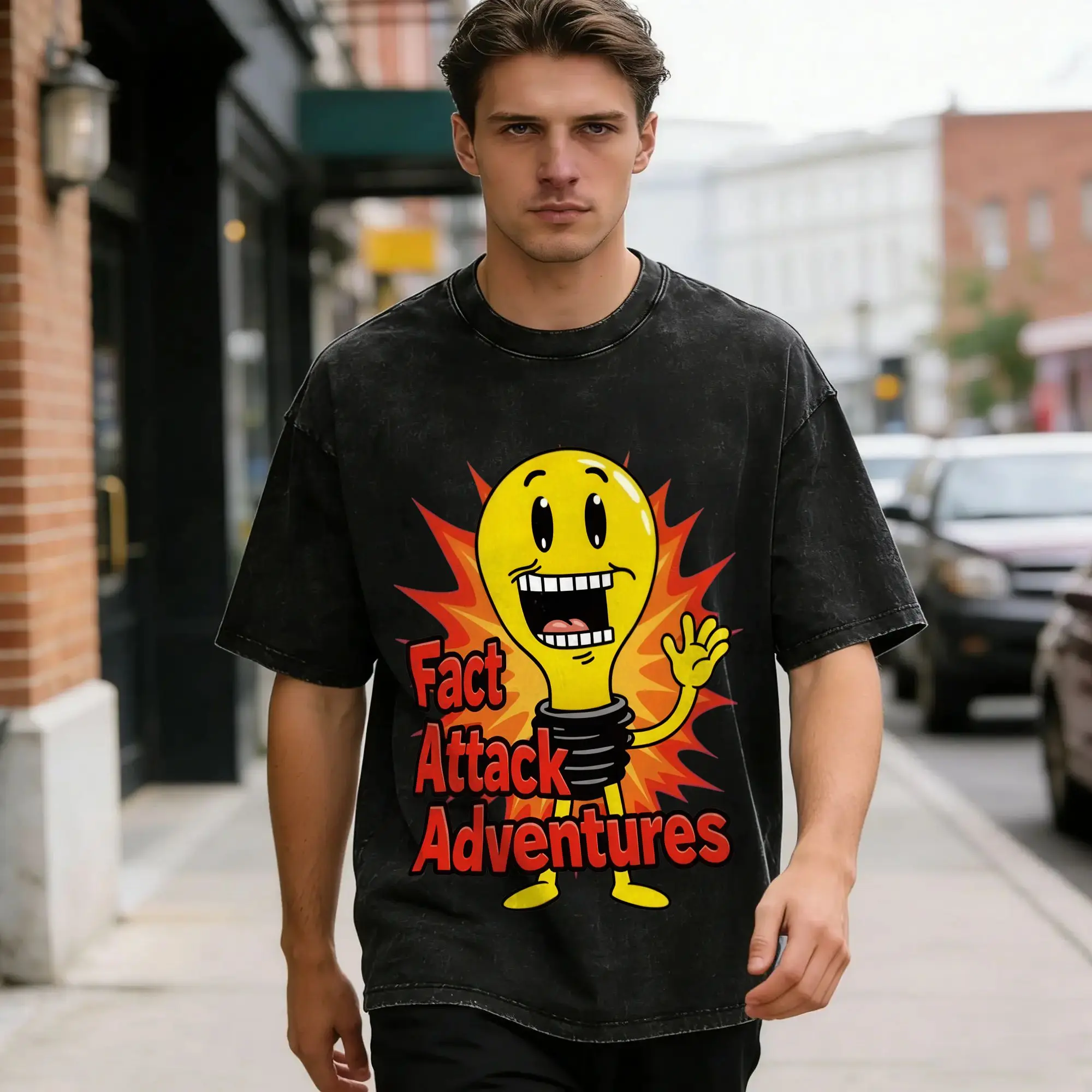 Men T Shirt Light Bulb Fact Attack Adventures  Washed T-Shirts Novelty  Beach Tee Shirt Y2K Fun Print Cotton Tops Hot Sale