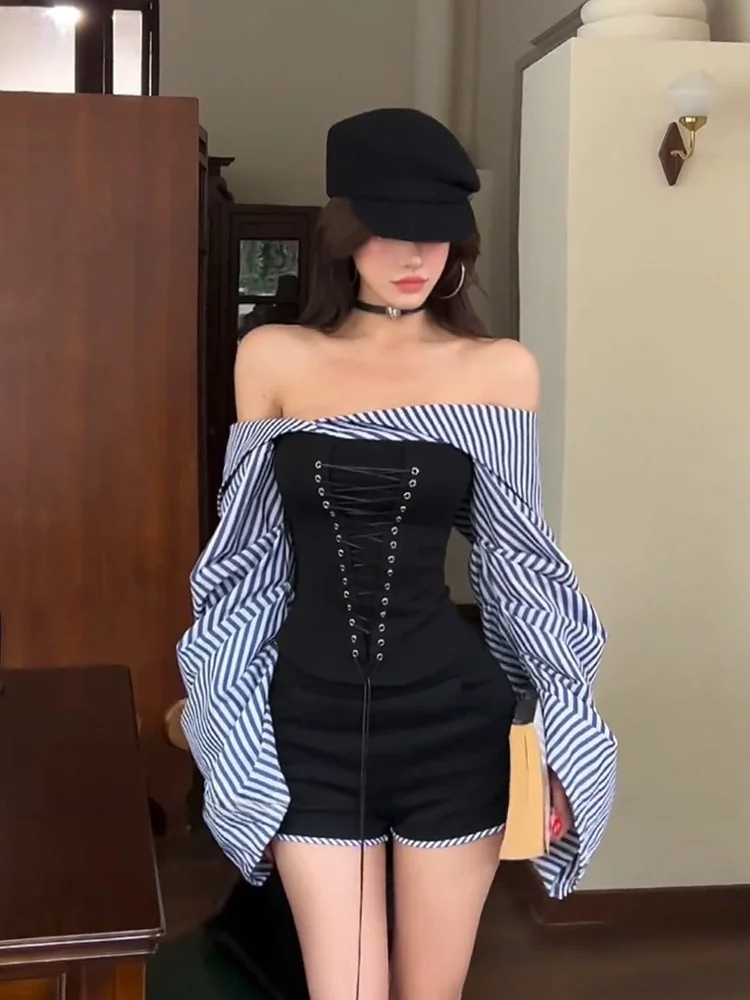 

XZY Faion, женский комплект больших размеров, комплект с высокой талией, топ на одно плечо в полоску, осенний корейский вариант