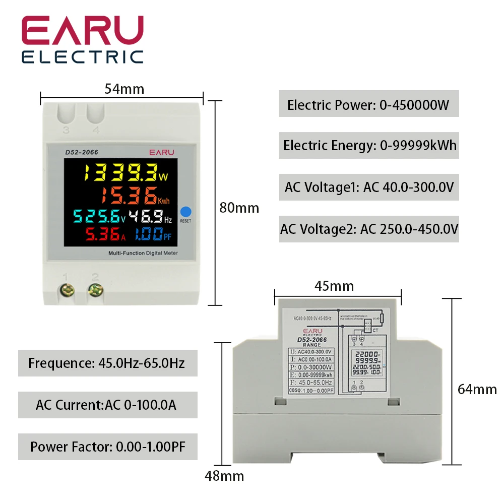 6IN1 Din Rail AC Monitor 110V 220V 380V 100A Voltage Current Power Factor Active KWH Electric energy Frequency Meter D52-2066