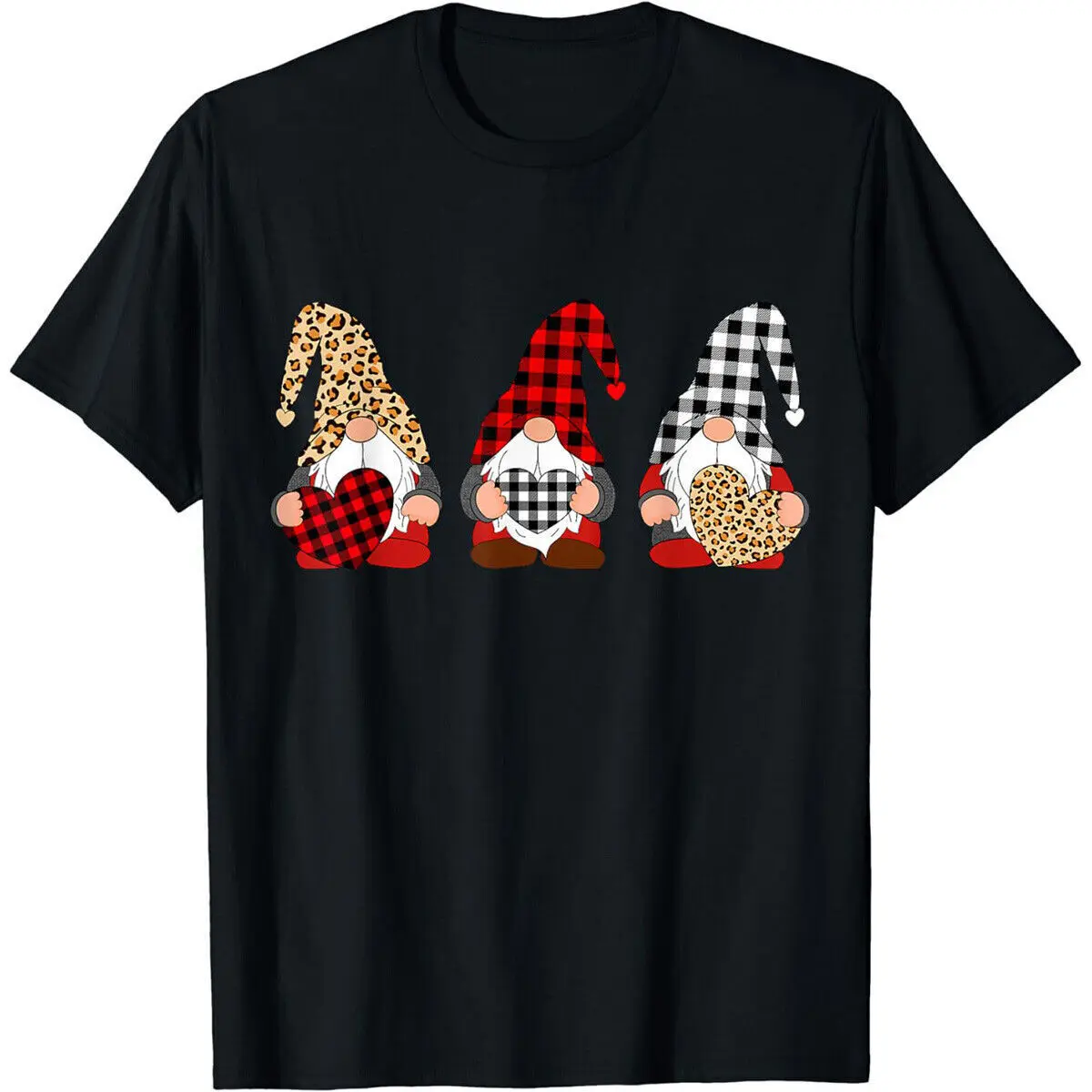 

Three Gnomes Holding Leopard Heart & Plaid Valentine's Day T-Shirt For Men