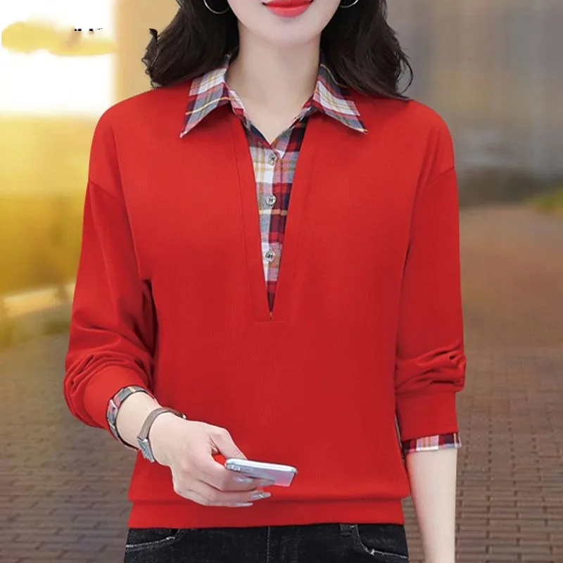 Spring and Autumn Women\'s Pullover Collar Button Plaid Panel Contrast Color Long Sleeve T-shirt Underlay Casual Elegant Tops