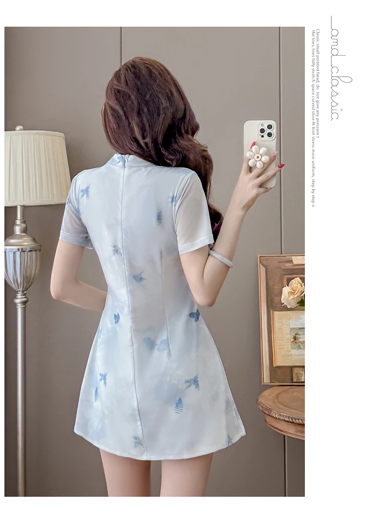 2026 New Chinese Style Mesh Sleeve Cheongsam Dress+Shorts 2 Piece Set Women Short Sleeve Side Split Young Floral Summer Outfit