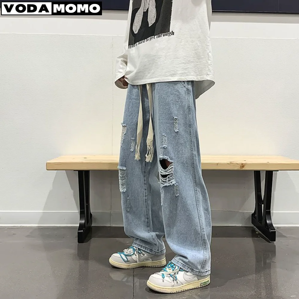 

Fashion Flame Embroidery Men's Jeans Neutral Wide Leg Denim Trousers Loose Straight Jeans Youth Casual Baggy Hip Hop Pants 2025