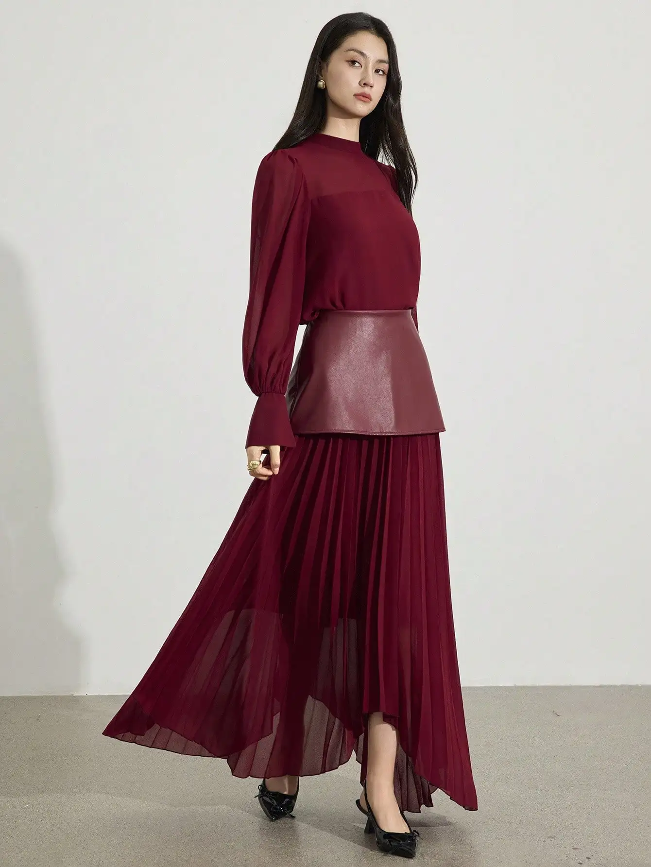 2-delig dames elegante chiffon top met lange mouwen & geplooide rok set, herfststijl