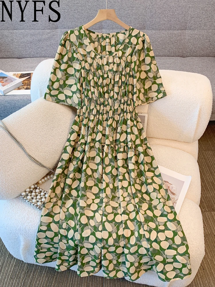 فستان نسائي مقاس كبير من NYFS لصيف 2025 فستان فضفاض مم مطبوع بخصر عالٍ وأكمام منتفخة فساتين طويلة رداء Elbise على الطراز الكوري