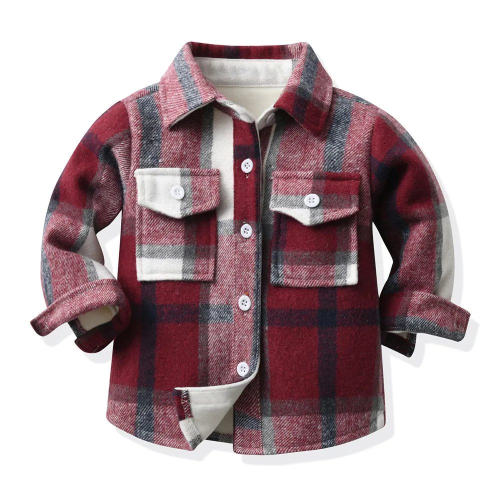 Children Casual Warm Top Unisex Preppy Kid Multi Style Plaid Shirt Jacket Check Front Button Down Pockets Boy Girl Long Sleeves