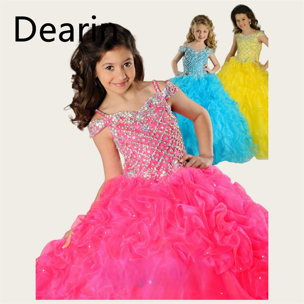 Customized Flower Girl Dress Dearin Shoulder Girdle A-line Floor Length Skirts Tulle Sequin Es