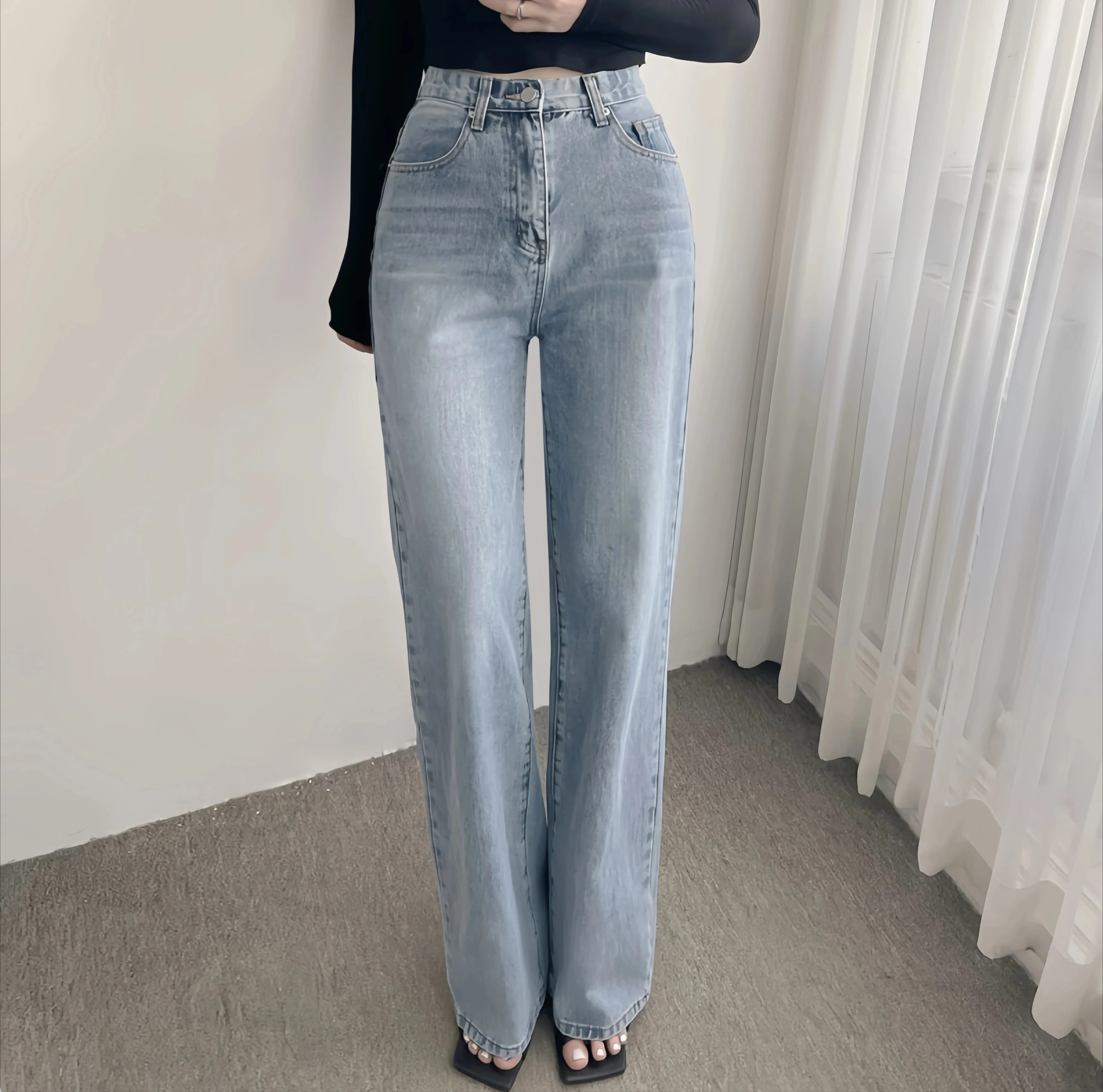 Nowe spodnie jeansowe z szerokimi nogawkami w stylu vintage na wiosnę i lato, z wysokim stanem, niebieskie, postarzane, luźne, codzienne.