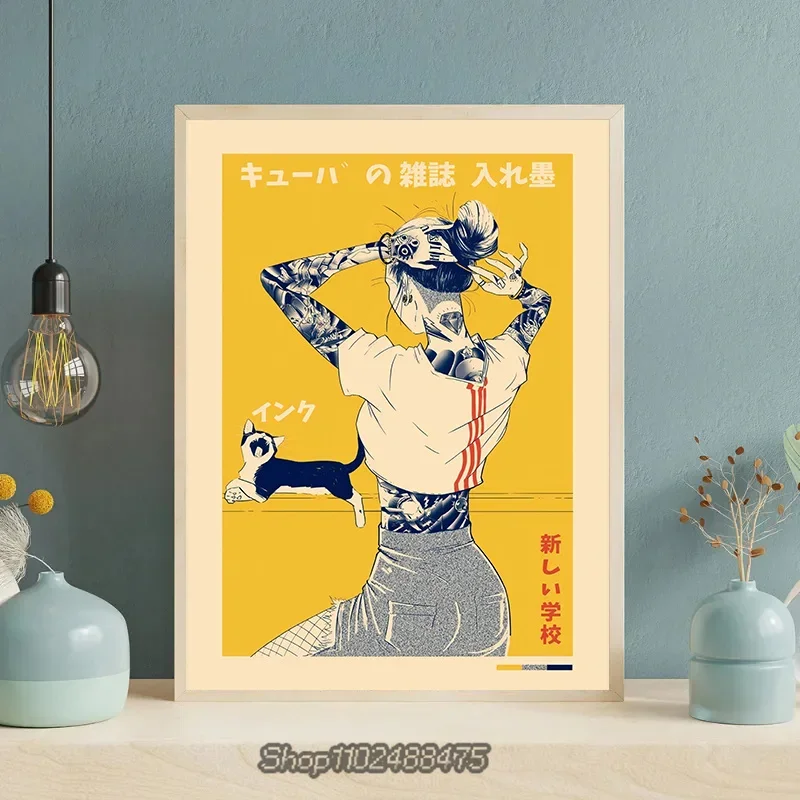 Vintage La Tinta Cat Poster Retro Japanese Magazine Wall Art Canvas Painting for Living Room Home Decoration Tattoo Girl Picture