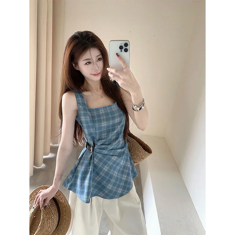 

Women Clothing Summer Fashion Korean Plaid Color Blocking Square Collar Female Fashionable Appear Thin Sleeveless Two-piece Set