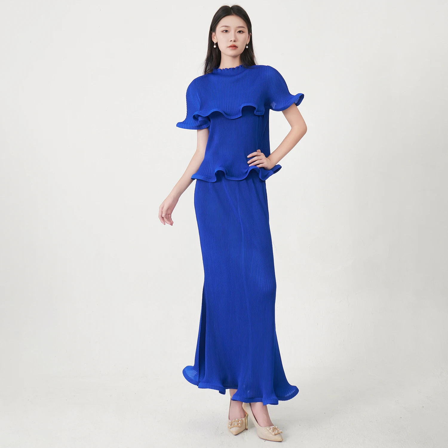 2025 Latest Miyake Pleated Set High Quality Design Ruffled Top and Skirt Two-piece Sets Women's Elegant Dress Evening Gown