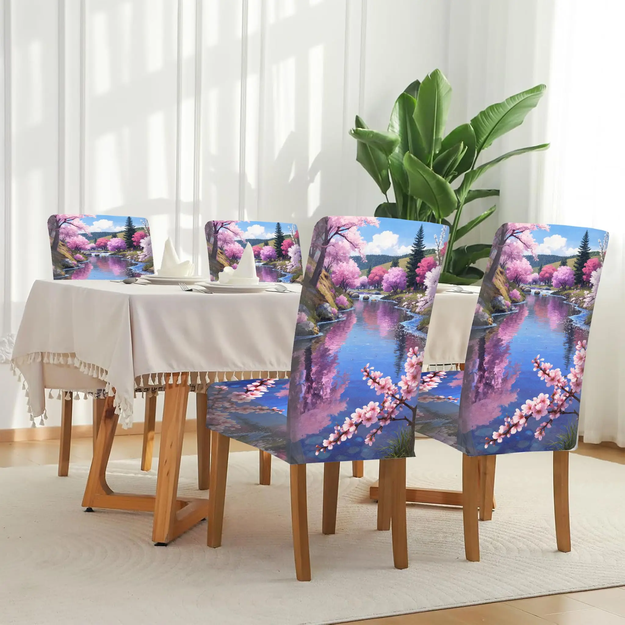 dining chair set with pink cherry blossoms and blue river pattern, suitable for restaurant kitchen hotel banquet decoration