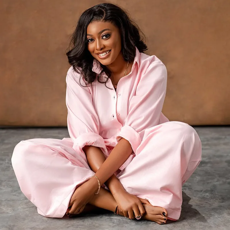 السراويل مجموعة النساء قطعتين مجموعات مطابقة مجموعات واحدة الصدر كم كامل الوردي قمصان واسعة الساق السراويل الطويلة Y2k الشارع الشهير الربيع #4