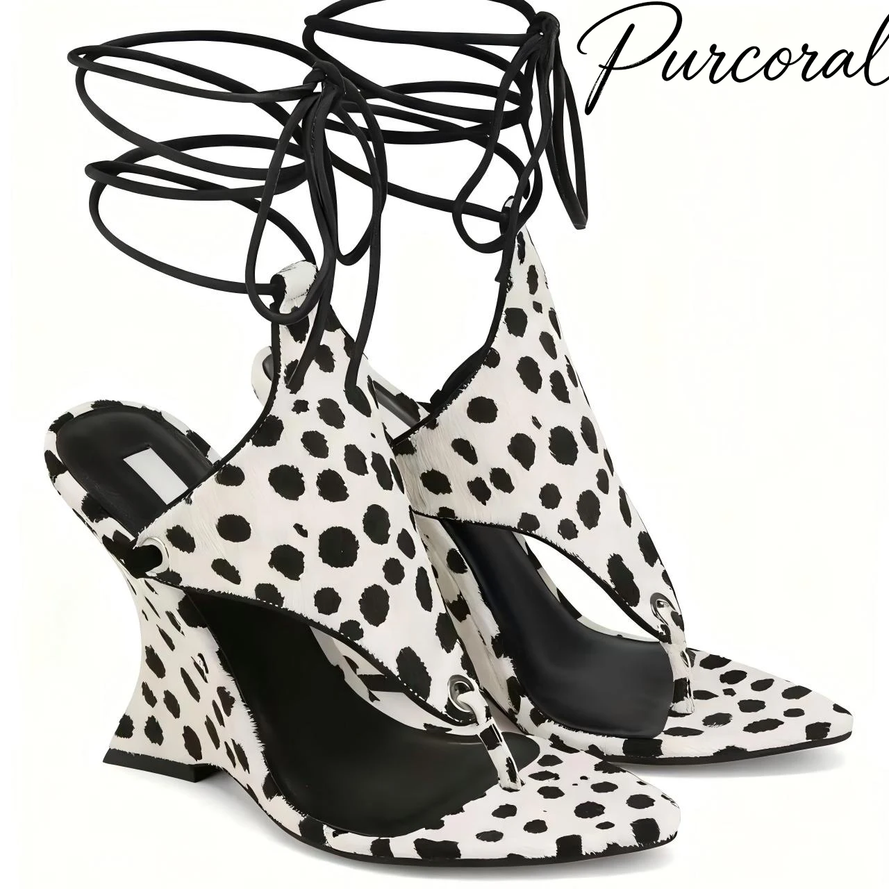 women-print-wedge-sandals-black-spotted-lace-up-ankle-strap-clip-toe-special-shaped-heels-vintage-shoes-random-free-gift
