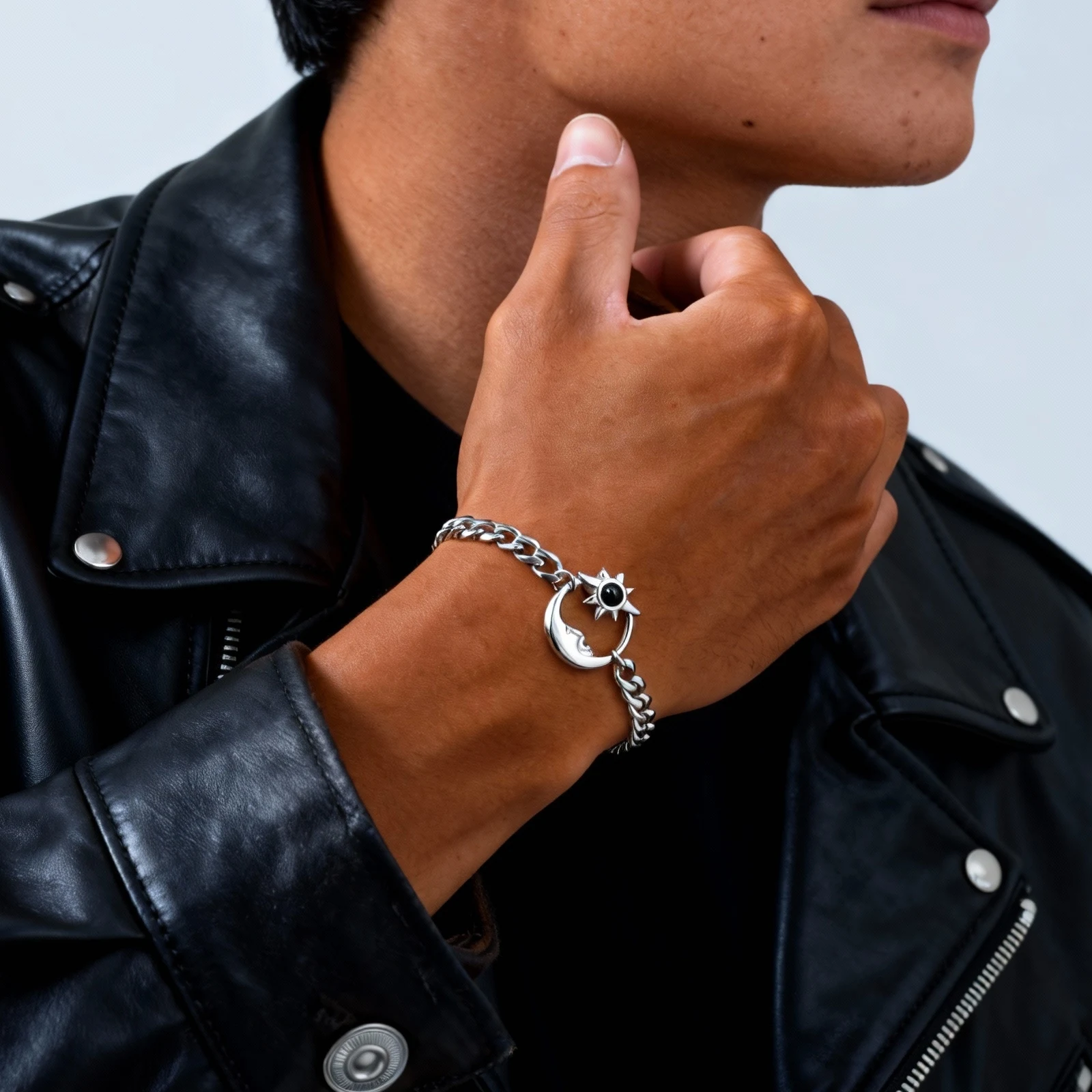 Stainless Steel Chain Sun Moon Bracelet For Men Boys Teen Punk Cool Link Wristband Gifts Boyfriend Husband Dad