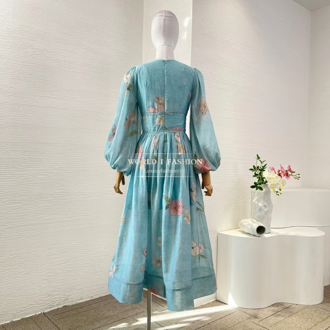 

2025 Linen Silk High Quality Women Summer Holiday Collection Floral Print Lace-up High-waist Midi Dresses