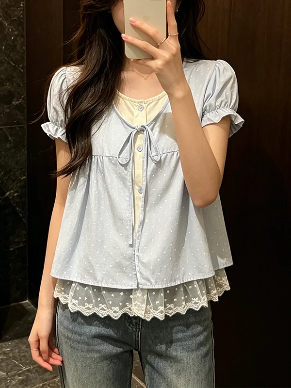 

Summer Large Size Mint Green Polka Dot Short Sleeve Shirt with Knot Tie Fake Two-Piece Style Korean Style Women's B...