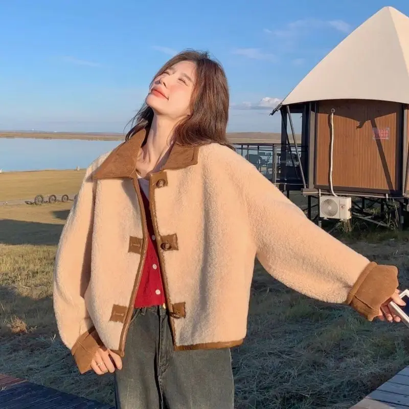 

Women's Color-coded Turn-down Collar Long Sleeve Breasted Casual Trendy Suede Jackets Female New Fashion Wool Coats Clothes Tops