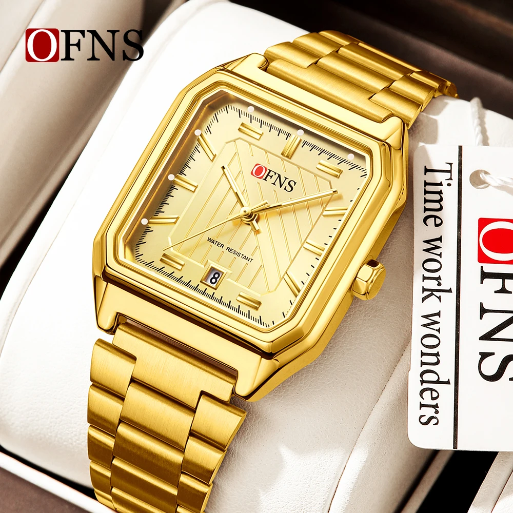 Zegarek Quartz OFNS 1623. Повседневный, простой квадратный циферблат, календарь, водонепроницаемый, кожаный ремень, модный спортивный zegarek n.
