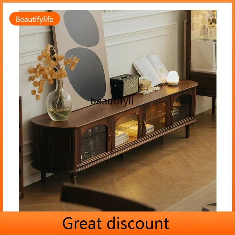

QQ45 Solid Wood TV Cabinet Living Room Home French Retro Glass Floor Black Walnut TV Stand
