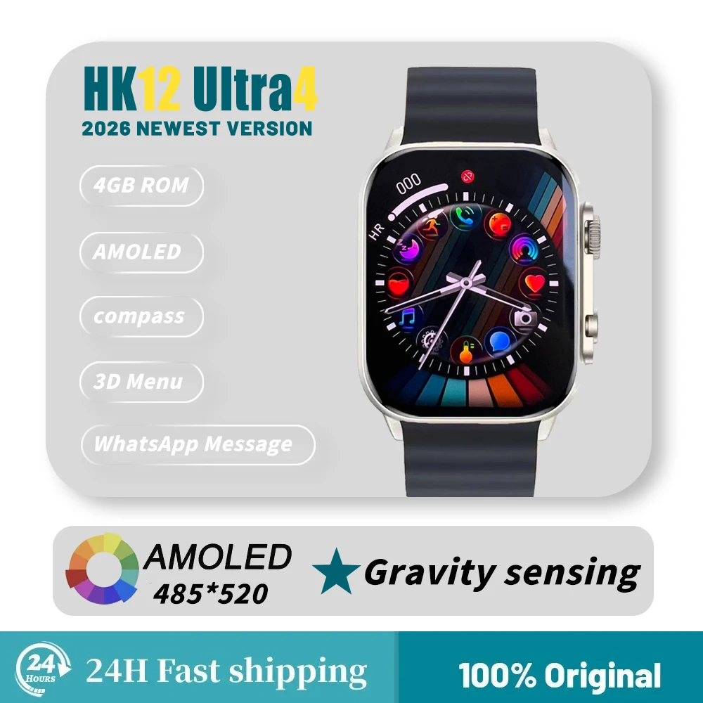 2026 New HK12 Ultra4 Smartwatch AMOLED OLED Screen 3D Menu, Simultaneous Translation, WhatsApp Message Reply, Sports Watch