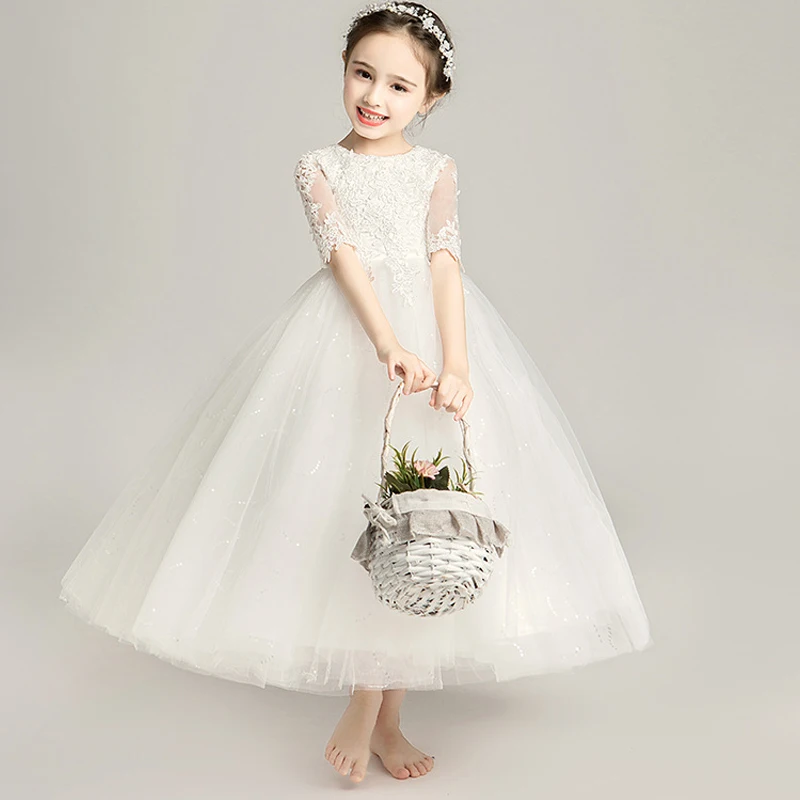 

White Lace Flower Girls Dresses Little Girls Baptism Chirstening Tutu Dress Toddler Girls Communion Princess Long Dresses Tiered