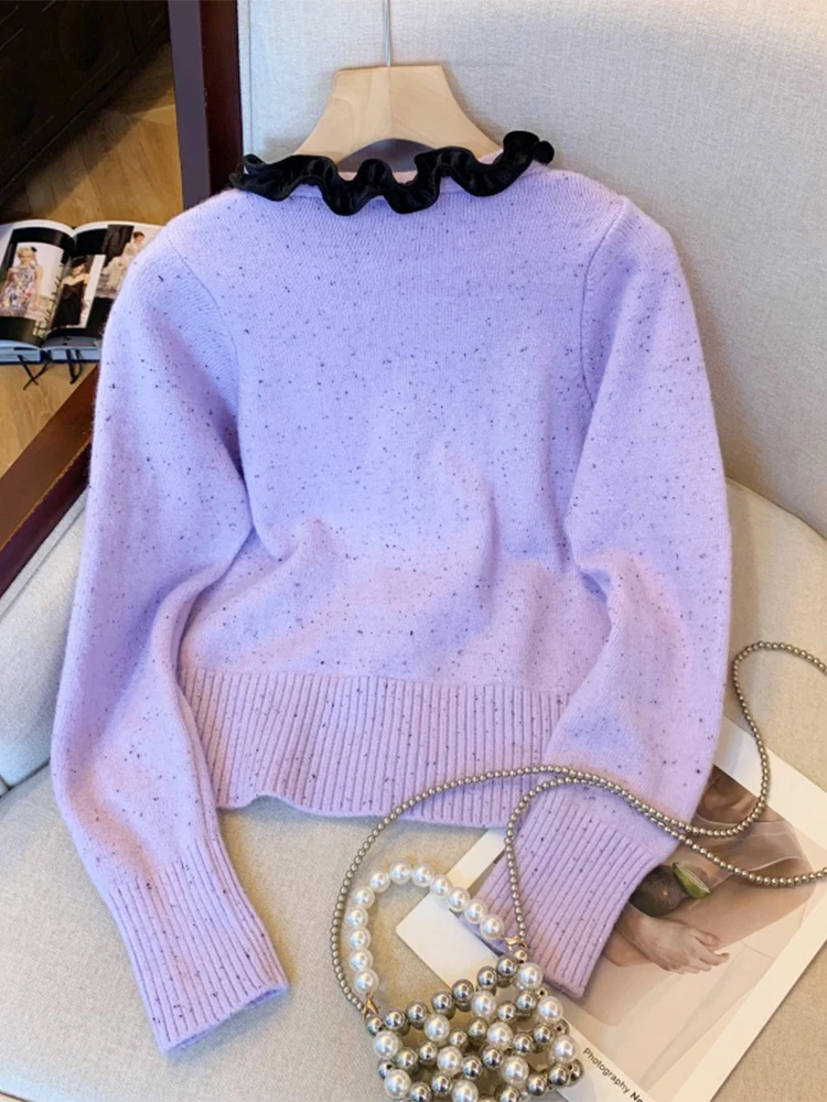 Women Purple Bow Sweater Harajuku Long Sleeves V-Neck Knitted Sweaters Jumper 90s Vintage Y2k 2000s Cutecore Clothes Autumn 2024