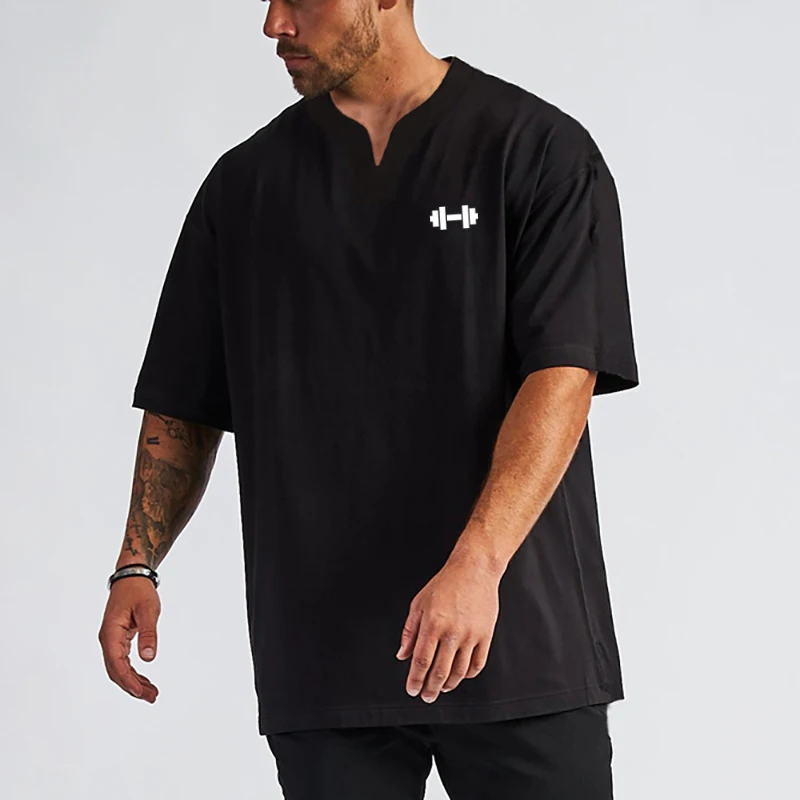 

Mens Running T-shirts Oversized Dropped Shoulders Half Sleeve Sport T Shirts Loose V Neck Gym Clothing Fitness Bodybuilding Tees