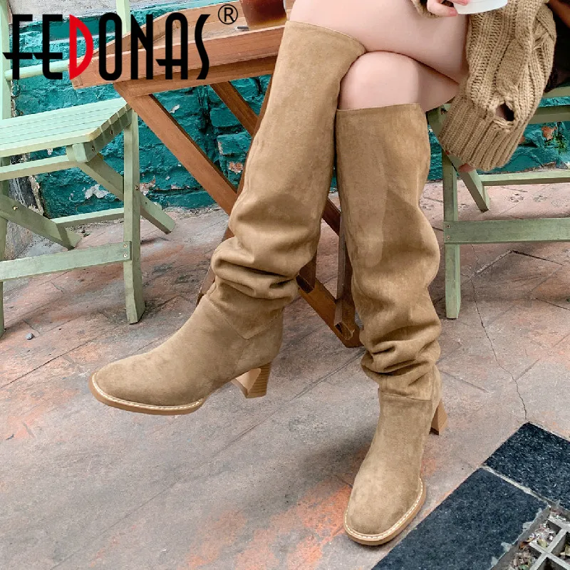 

FEDONAS Four Season Women Knee High Boots Sewing Square Toe Strange Heels Popular Fashion Concise Shoes Woman Party Casual New