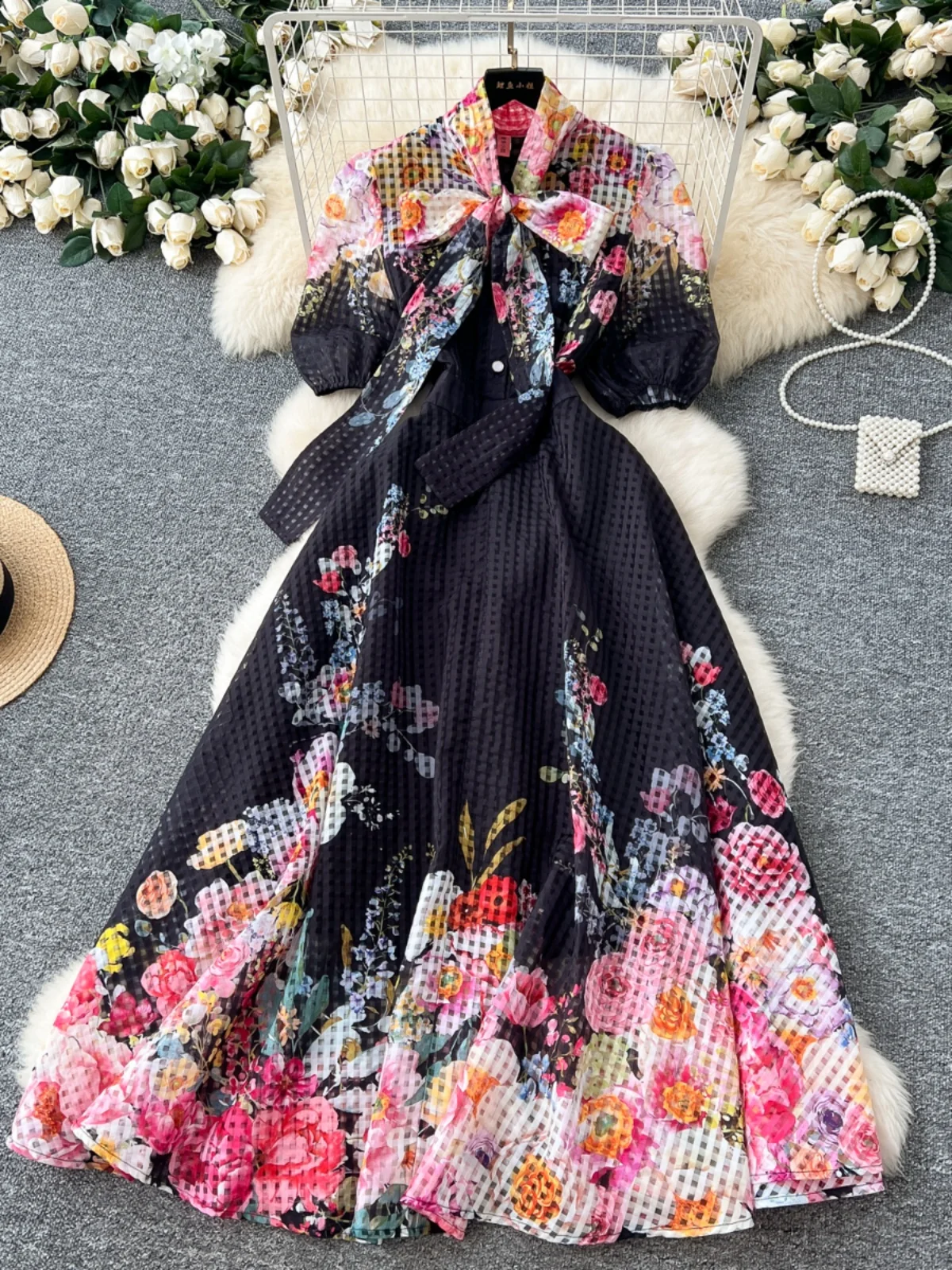 Ele Long Bedruckter Dr Damen Faionable Court Sle mit Knot Bubble Sves Taillen-Cinch-A-Linien-Rock