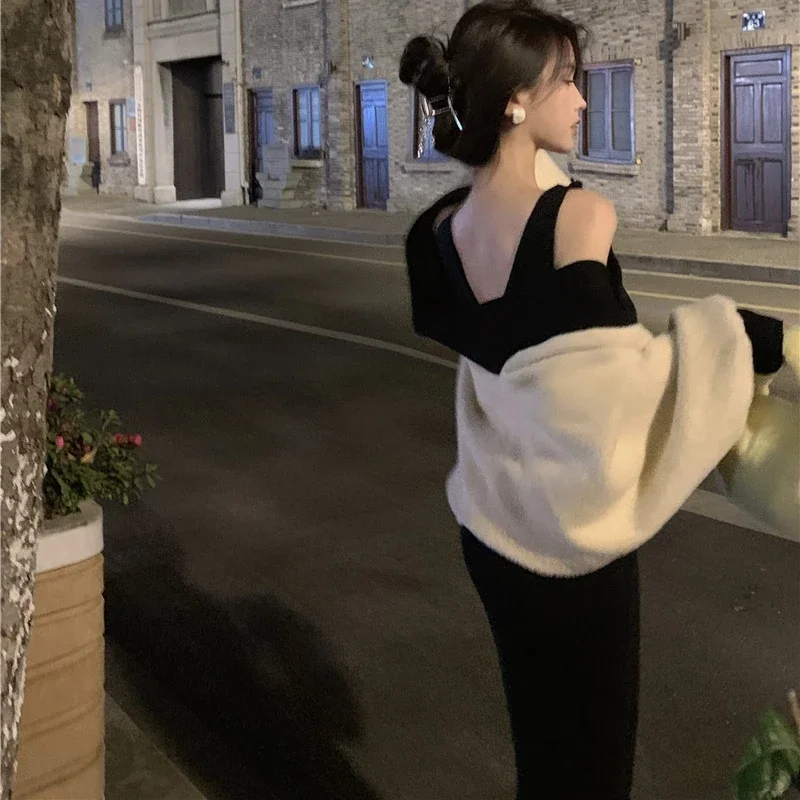 

Женские комплекты платьев с рукавами «летучая мышь», кардиган с v-образным вырезом, обтягивающее платье до середины икры, платье для отдыха в стиле ретро, вечерние, темпераментные, универсальные, уютные, Ulzzang