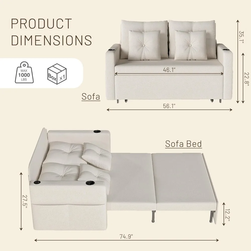 أريكة قابلة للسحب 3 في 1، سرير أريكة قابل للتحويل مقاس 56 بوصة، مقعد مع حاملات أكواب، جيوب تخزين، USB، أرائك أريكة لـ L