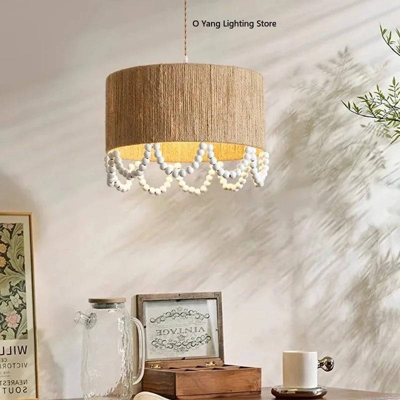 Japanese Wabi Sabi Wooden Beads Hemp Rope Pendant Light Restaurant Living Room Home Decoration Bedroom Chandelier Lustre Fixture