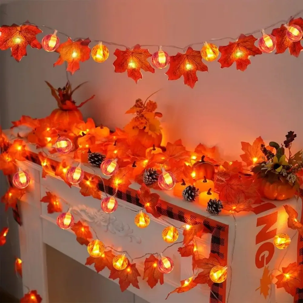 1PC 10/20LED Halloween LED Maple Leaf Pumpkin Shaped Light String, Battery Powered, Suitable for Halloween Scene Decoration
