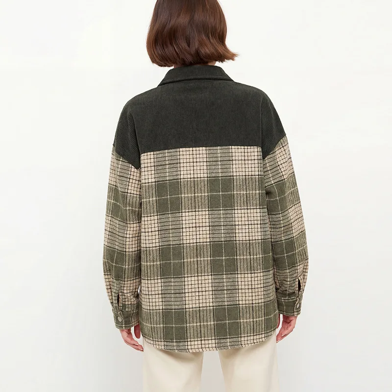 Wish Plaid Color Block Corduroy Jacket Long Sleeve Women's Autumn Winter Fashion Commute Style Polyester Fiber Outerwear