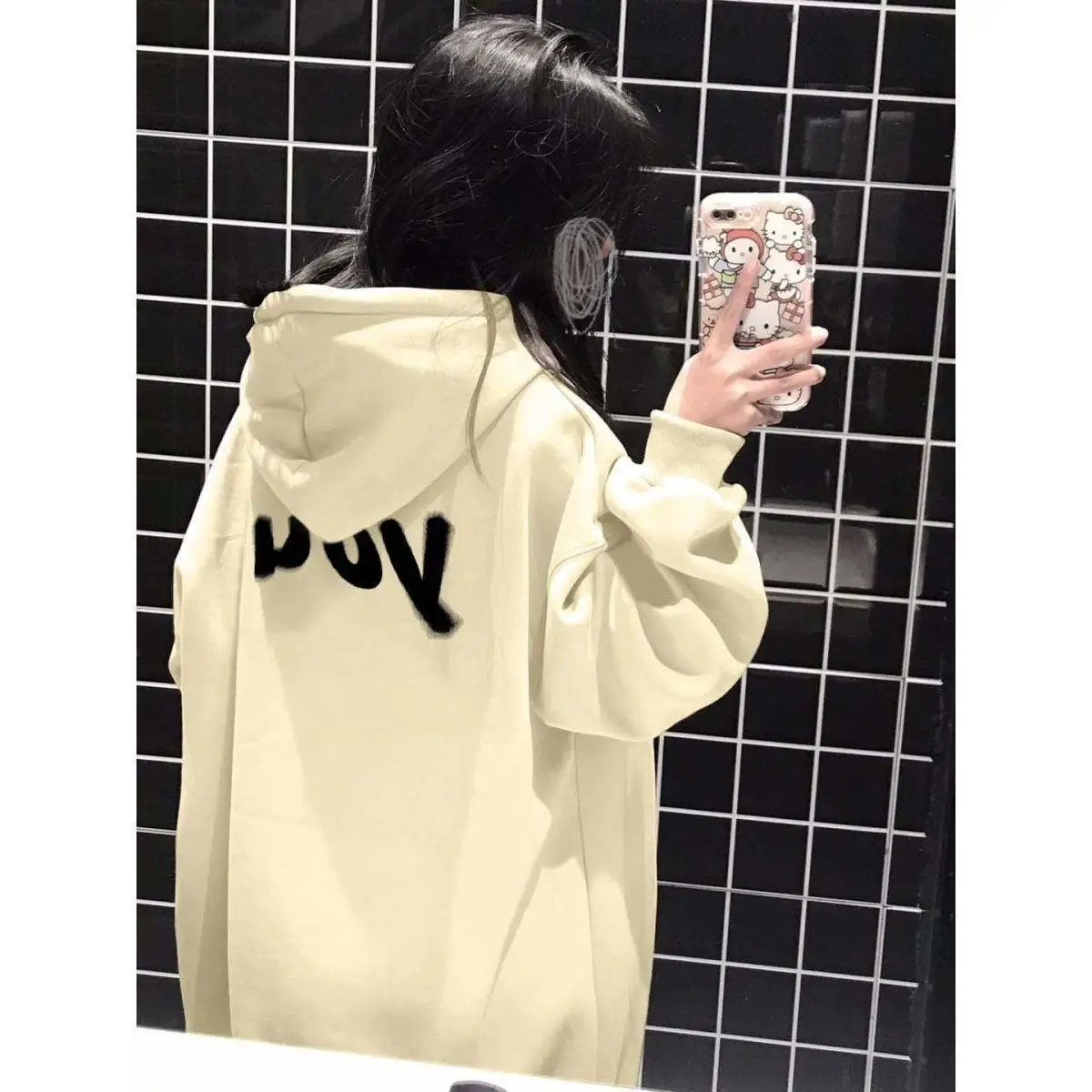 Hooded Hoodies With Sakura Women Blocking Embroidery Sportswear O Neck Striped Sleeved Hip-hop Graphic Round Clothing Oversized