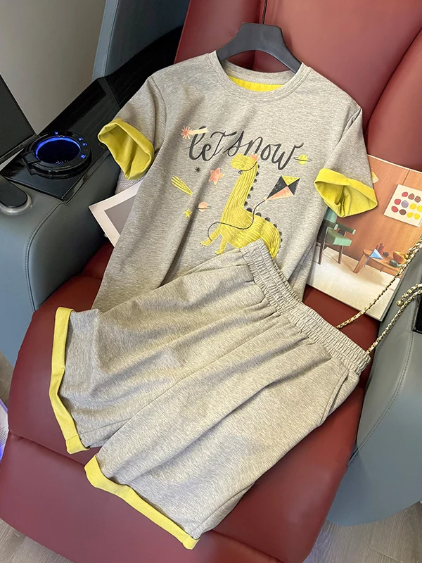 

Youthful Casual Sportswear Set Women's Short Sleeve T-Shirt Shorts Two-Piece Suit Summer Grey Cute And Active Fashion