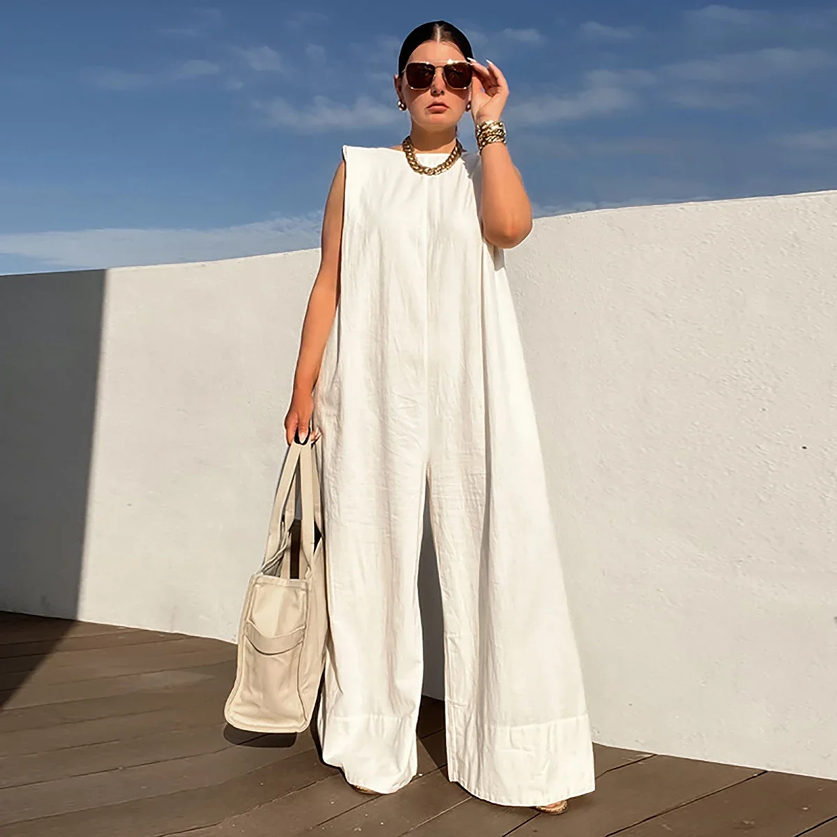 Yeezzi Solid Color Sleeveless Wide Leg Fitness Summer Fashion Female Loose White Black Casual Cool Jumpsuits For Women 2024 New