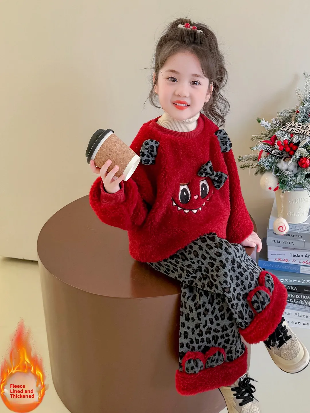 

Thiened Fce Winter Outfit for Girls Leopard Print Pants And Sweater Set Two Pieces Casual Sportswear for Young Ladies