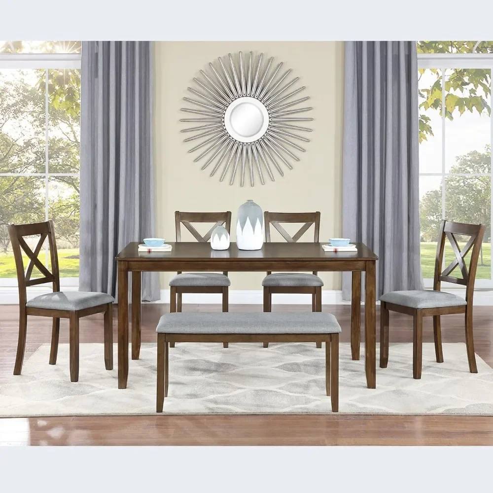 

Dining Table Set for 6, Farmhouse Kitchen Table Set with 4 Upholstered Chairs and 1 Bench, Solid Wood Dining Table with Bench